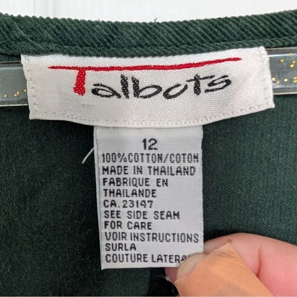 Talbots Corduroy Midi Shirt Dress Womens Size 12 Green Cotton Pockets Sleeveless - Picture 5 of 9